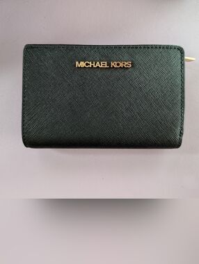 Michael Kors Black Saffiano Compact Zip Around Wallet with Gold Logo